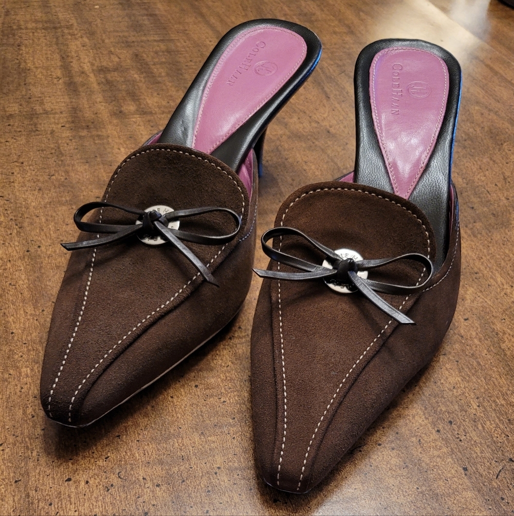 New Without Tags Cole Haan Brown Suede Mules with Bow Accent 9B - Picture 2 of 6